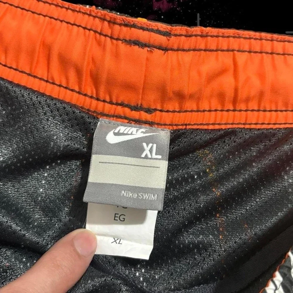 Vintage Y2K Nike Swim Trunks Orange Black Swirl Pattern Shorts XL